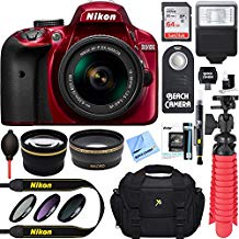 Nikon D3400 24.2 MP DSLR Camera + AF-P DX 18-55mm VR NIKKOR Lens Kit + Accessory Bundle 64GB SDXC Memory + SLR Photo Bag + Wide Angle Lens + 2x Telephoto Lens + Flash + Remote + Tripod+Filters (Red)